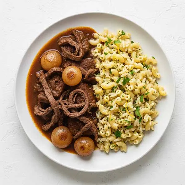 Greek-Style Stifado Beef Stew With Lemon Parsley Macaroni Rice